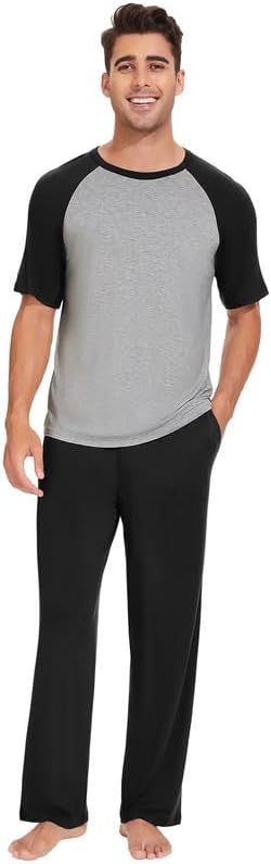 WiWi Men's Short Sleeve Pajamas Set Sleepwear Casual Soft Sleep Sets with Pockets Loungewear Viscose from Bamboo S-XXL