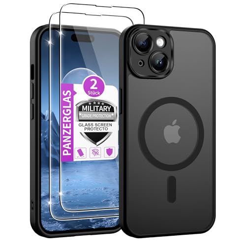 Jshru Handyhülle für iPhone 15 Plus Hülle mit 2 Stück Panzerglas Kompatibel mit Magsafe Dünn Magnetisch Militär Stoßfest Schutzhülle Matt Case für iPhone 15 Plus Schwarz