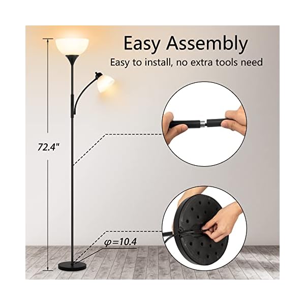 Floor Lamp, Dimmable Standing lamp, 3 Levels Dimmable Brightness, Included 9W and 5W LED Bulbs, Industrial Floor Lamp for Living Room, Bedroom, Office, Reading - Image 4