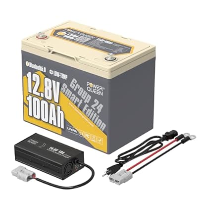 Power Queen Bluetooth 12V 100Ah LiFePO4 Battery with 14.6V10A LiFePO4 Battery Charger, Group 24 Deep Cycle Battery, 100A BMS with Low-Temp Cut-Off Protection for RV, Trolling Motors, Solar System