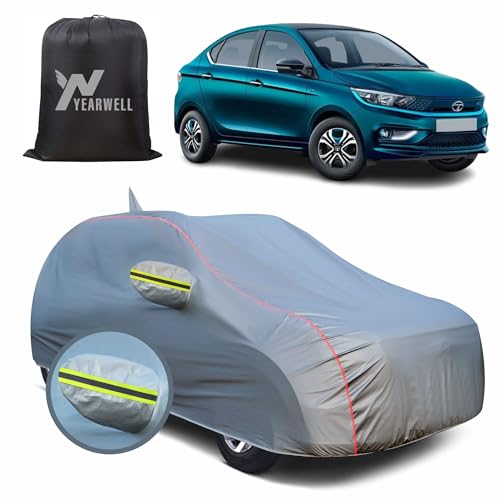 Image of Car Body Cover for Tata Tigor EV, 100% Waterproof, Heat-Resistant with Mirror & Antenna Pockets, Soft Cotton Lining, Triple Stitched, Green Reflector (Metallic Grey)