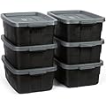 Rubbermaid 6-Pack Totes for Storage with Lids, Heavy Duty Plastic Storage Bins with Lids, Black Gray, 10 GAL - Stackable for Garage, Attic, Camping (10 GAL - 6 Pack Solid Black and Grey)
