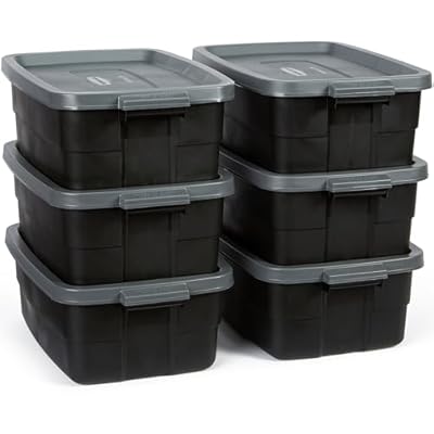 Rubbermaid 6-Pack Totes for Storage with Lids, Heavy Duty Plastic Storage Bins with Lids, Black Gray, 10 GAL - Stackable for Garage, Attic, Camping (10 GAL - 6 Pack Solid Black and Grey)