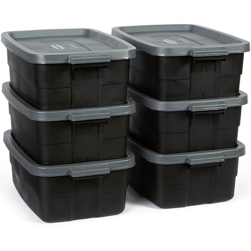 Rubbermaid 6-Pack Totes for Storage with Lids, Heavy Duty Plastic Storage Bins with Lids, Black...