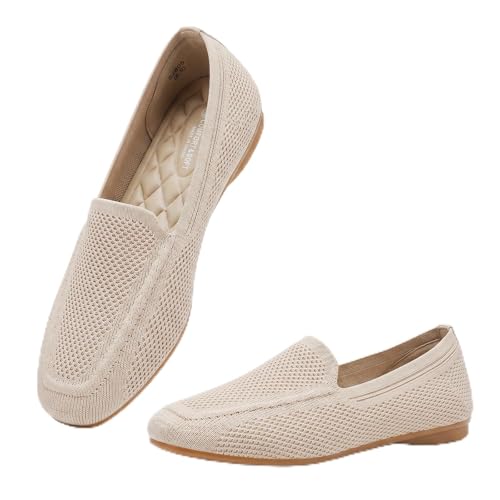 Puxowe Women's Square Toe Flats Knit Slip On Loafers Comfortable Dress Shoes Arch Support Insole Lightweight Casual Walking Ballet Flats for Office, Travel, Foldable Classic Nude Size 7.5 US by Puxowe - Used condition - US$35.59