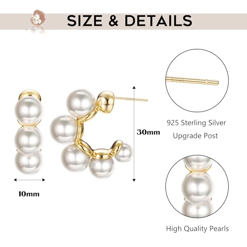Dochais Pearl Hoop Earrings for Women, 14K Gold Plated Pearl Drop Earrings 925 Sterling Silver Gold Pearl Hoops Earrings Trendy Lightweight Hypoallergenic Pearl Earrings Jewelry2