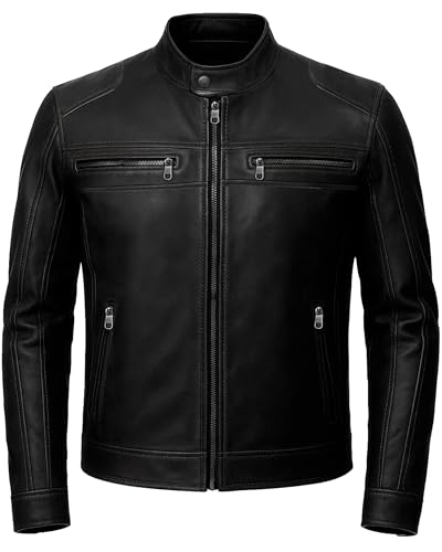 Image of fjackets Mens Leather Jacket - Real Lambskin Cafe Racer Moto Biker Stand Collar Jacket