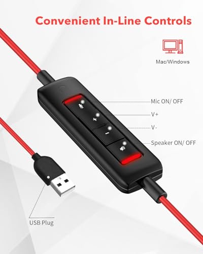 Image of NUBWO HW02 USB Headset with Microphone Noise Cancelling &in-line Control, Ultra Comfort Computer Headphones for Laptop pc, On-Ear Wired Office Call Center Headsets for Boom Skype Webinars (Red)