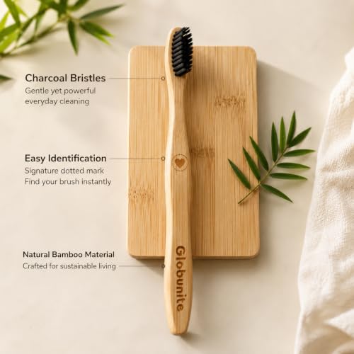 Image of Eco Friendly Bamboo Toothbrush for Adults Pack of 4 Soft Bristle Charcoal Plastic Free Sustainable Organic brush for Natural Oral Care