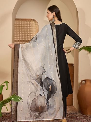 Image of EthnicJunction Women's Cotton Silk Embroidered Anarkali Kurta Palazzo with Digital Print Dupatta Set