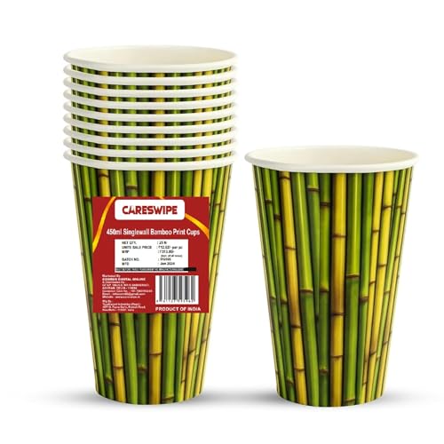 Image of Paper Cups 25 Pcs, Disposable Cups, 450 ML Hot & Cold Beverage Juice, Cofee, Water Cups for Parties, Events, Offices, and Homes, Bamboo Print