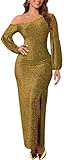 Gold Bodycon Formal Sparkly Evening Gowns for Women Elegant Long Sleeve Sequin Maxi Dresses Sexy One Off Shoulder Party Dress with Zipper,Medium