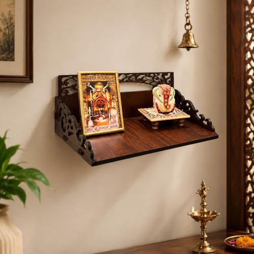 Image of Zesta Wooden Mandir for Home Big Size | DIY Pooja Mandir with LED Spot Light | Devghar Cabinet for Living Room or Office | Wall Mounted Pooja Unit for Home (Brown Small)