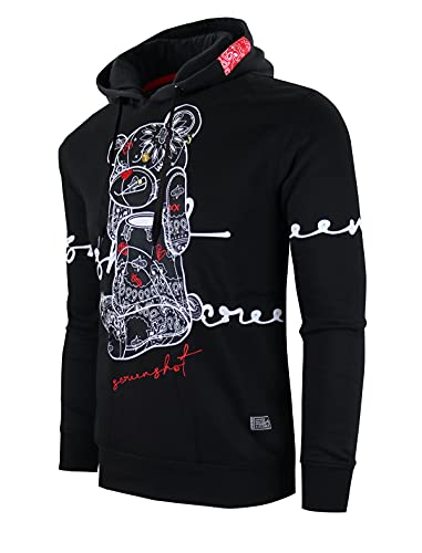 Screenshot-H1122 Mens Urban Hip Hop Premium Fleece Hoodie - Head Lifting Paisley Cartoon Teddy Bear Fashion Hooded Sweatshirt-Black/Black-Small #TOP1