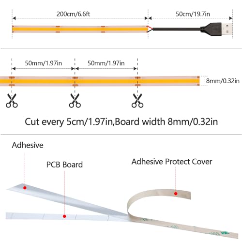 Image of DC 5V USB COB Orange LED Strip Light Dimmable IP65 Waterproof 6.6ft /2M | USB Powered 640LEDs with Dimmer High Brightness Flexible LED Tape Lights