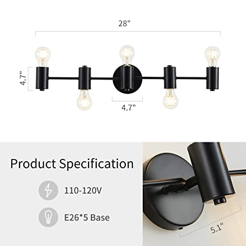 Image of WUZUPS 5-Light Bathroom Light Fixture Over Mirror Morden Vanity Wall Scones Light for Bedroom Living Room, E26 Base, Black