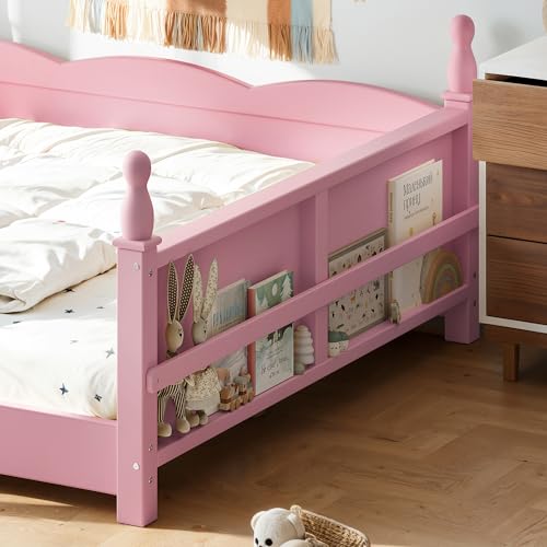 Image of Bellemave Full Size Montessori Floor Bed Frame with High Fence, Solid Wood Kids Floor Bed with Bookshelf, Low Profile Bed for Boys & Girls, Childlike Design,Pink