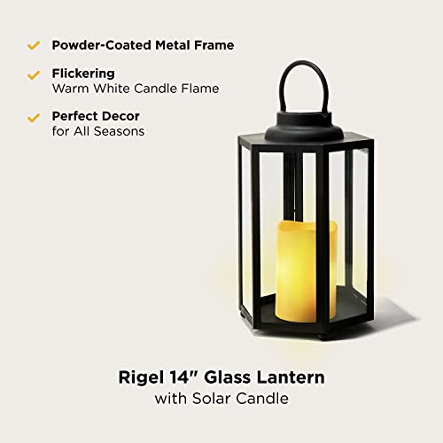 Large Outdoor Lantern For Patio - 14 Inch, Black Metal & Glass, Waterproof Pillar Candle, Dusk To Dawn Timer - Solar Powered Battery Included #TOP6