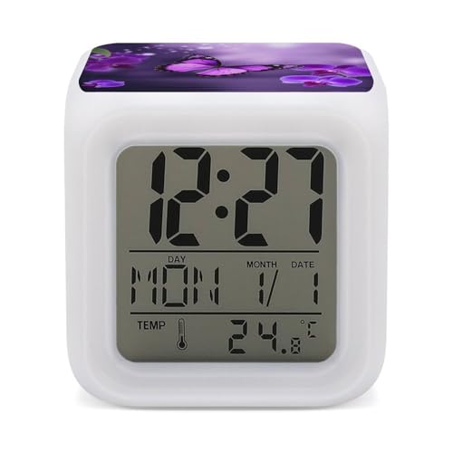 Réveil numérique papillon violet avec LED 7 couleurs et température