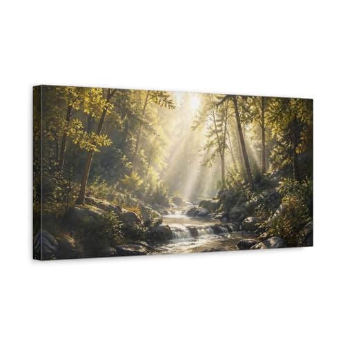 Tableau nature forêt rivière dorée pour décoration murale de salon horizontal 50x25cm