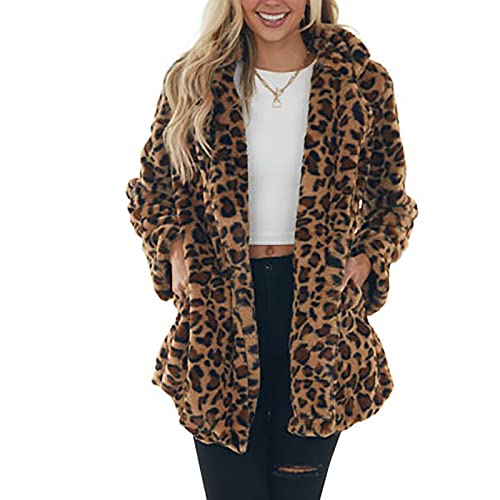 Women's Fuzzy Fleece Lapel Open Front Long Cardigan Leopard Coat Faux Fur Warm Winter Outwear Jackets With Pockets Brown #TOP3
