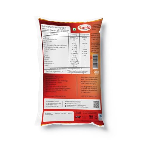 Image of Sarfa 1L Pouch Kachi Ghani Cold Pressed Mustard Oil | Pure, Chemical-Free, and Rich in Heart-Healthy MUFA & PUFA | Zero Cholesterol, with a Rich Aroma and Flavor | Ideal for Cooking and Pickles