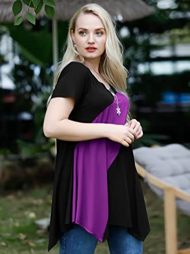 Larace Asymmetrical Tops For Womens Summer Clothes Color Block Short Sleeve Shirts Plus Size Tunic Tops To Wear With Leggings(Black 4X) #TOP2