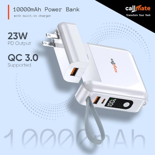 Image of CALLMATE Globetrotter 23W PD Fast Charging 10000mAh Power Bank with Built-in Charger (2.4A), USB-A QC 3.0 & USB-C PD Output Port with Built in Cable (Light-ning & Type C) (White)