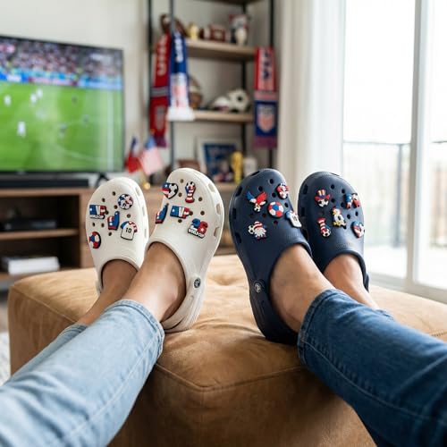 Thayrakn 12 Pcs World Cup 2026 USA Shoe Charms Set, American Flag Soccer PVC Shoe Decorations, Snap-In Football Shoe Charms Accessories, Soccer Gifts for Fans