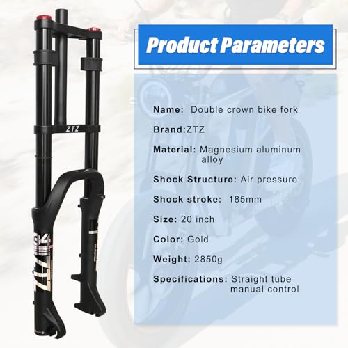 Horquilla de Suspensión de Aire para Bicicleta Fat Bike 20 Pulgadas 4.0 - Recorrido de 180mm, Separación de Cubo 135mm, Tubo Recto MTB Bloqueo Manual QR 9mm, Horquillas Delanteras Dobles para Bicicleta Fat Snow Beach E-Bike miniatura 5