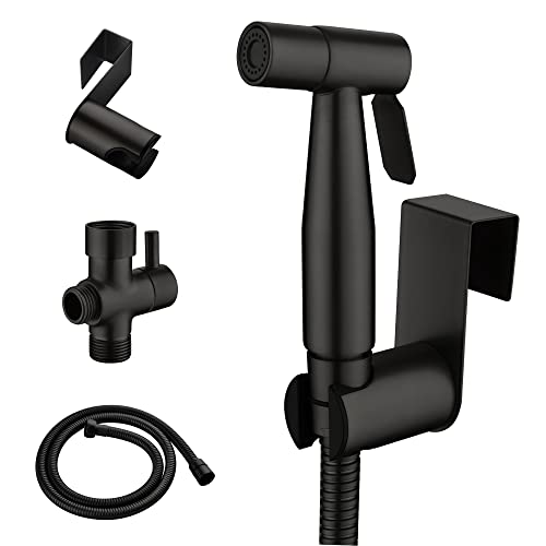 SHAMANDA Handheld Bidet Sprayer for Toilet, Stainless Steel Baby Cloth Diaper Sprayer Kit, Bathroom Toilet Bidet Attachment Set for Bathing Pets Feminine Hygiene, Matte Black BDS01-7