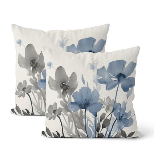 Housses de coussin florales 20x20 po, 2 pc, bleu marine, gris, aquarelle, décor extérieur