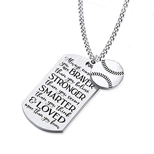 Dog Tag Stamped Necklace Baseball Player Pendant Dog Tag Necklace Inspirational Always Remember You are Braver to My Son/Daughter Family Friend Gift Sports Jewelry Baseball Necklace (Baseball)