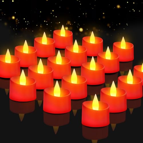 Image of Realistic Flameless LED Tea Lights - 24 Pack Premium LED Tea Lights for Christmas Mantel, Valentine's Dinner & Wedding Centerpieces (Red Base, 24 Pack)