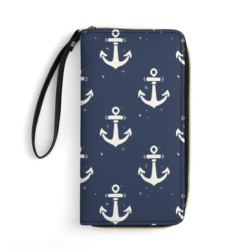 Sea Pattern in Anchors Navy Beach Long Wallet PU Leather Credit Card Holder Wallet Zippered Coin Pocket with Hand Strap