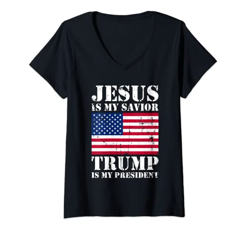 Womens American Flag - Jesus Is My Savior Trump Is My President V-Neck T-Shirt