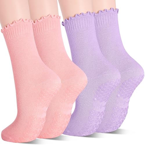 Image of Yoga Socks Non Slip Grips Anti Skid Women Athletic Socks Pilates Ballet Barre Crew Socks Ruffle Cuff 2 Pairs