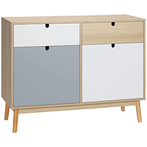 HOMCOM Aparador Auxiliar Mueble de Almacenamiento de Salón con 2 Armarios Cerrados y 2 Cajones Patas Elevadas de Madera de Pino para Cocina Dormitorio Entrada 100x40x79,5 cm Multicolor