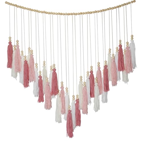 Pink&White Large Macrame Wall Haning Boho Decor,Blush Pink Tassel Wall Decor Bohemian, Pink Bedroom Living Room Girls Room Décor Nursery Dorm Decoration Boho Gift for Girls Woman Gifts