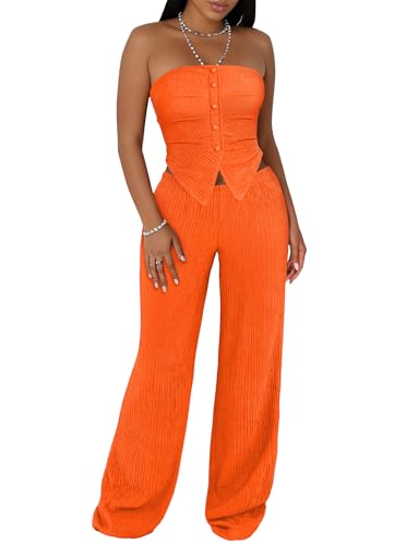 LovelyWholesale Sexy 2 Piece Outfits for Women Textured Tube Top and High Waist Wide Leg Pant Set Bright Orange Small