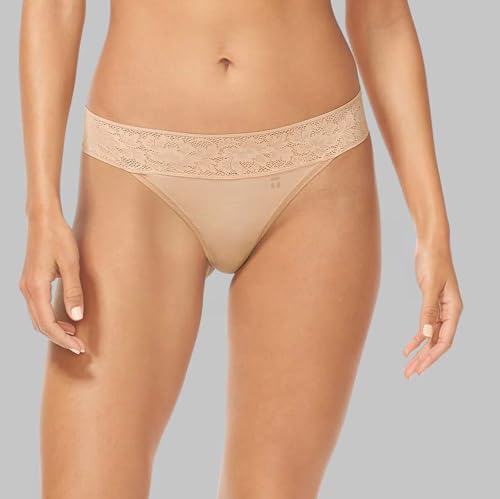 Image of Tommy John Women's Underwear, Lace Thong, Soft Second Skin Stretchy Fabric Cute Breathable Comfortable Seamless Thong No Show Panties for Women, Maple Sugar, X-Small, 3 Pack