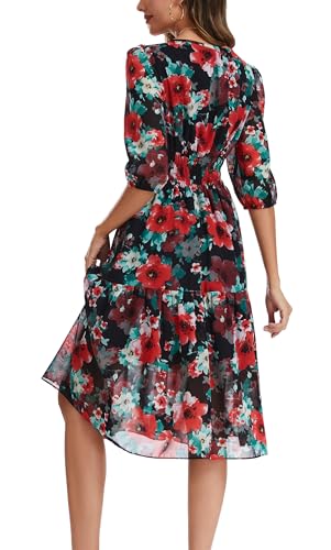 Image of Kormei Women Casual Boho Floral Round Neck 3 /4 Sleeve Smocked Waist Tiered A Line Flowy Swing Midi Dress Long Dresses