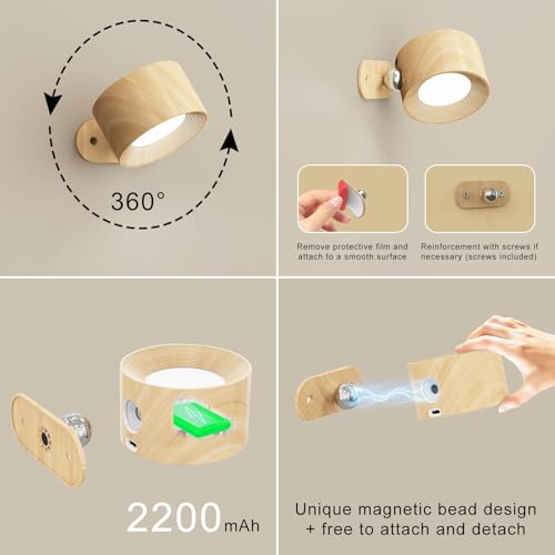 Image of Koopala 2PACK LED Wall Lamps with Rechargeable Battery Operated, Wall Mounted Lights with 3 Brightness 3 Color Temp Removable Charging 360Rotate Magnetic, Cordless Wall Sconces for Reading Bedside