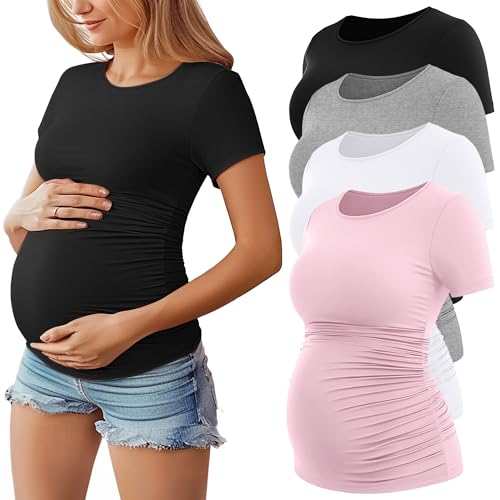 Image of Huukeay 4 Pack Women's Maternity Shirts, Crew Neck Maternity Top Short Sleeve Casual Cotton Tee Side Ruched Pregnancy Clothes