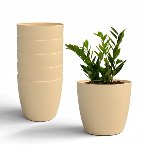 Image of YUCCABE ITALIA SHERA Stella 10 Inch Plastic Plant Pot for Home Decor Indoor Plant Pots for Living Room Plastic Flower Pot for Garden (Beige, 10 INCH - 6 Pcs)