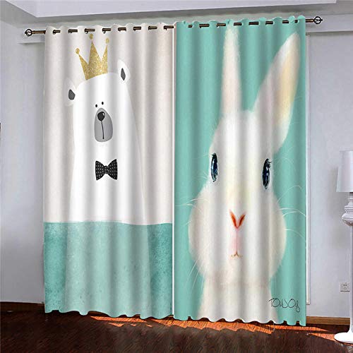 Cute Animal Bunny 3D Photo Print Blackout Curtains Eyelet Super Soft Thermal Insulated Ring Top Blackout Curtains Perfect For Nursery Children’S Bedroom 182(W) X214(H) Cm