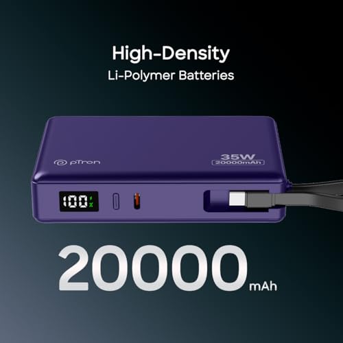 Image of pTron Dynamo Sprint 20000mAh 35W Super Fast Charging, USB Type-C Input Power Bank Compatible with QC3.0 /PD3.0, Built-in Charging Cable, 3 Charging Outputs, Type-C Input /Output Port (Purple)