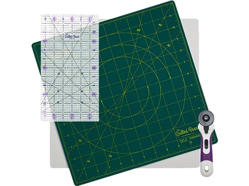 The Quilted Bear 12" x 12" Self-Healing Rotating Cutting Mat with 6.5" x 12" Non-Slip Quilting & Sewing Ruler & 45mm Ergonomic Soft Grip Rotary Cutter