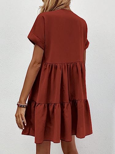 Image of WDIRARA Women's Roll Up Short Sleeve V Neck Ruffle Hem Solid Swing Smock Dress