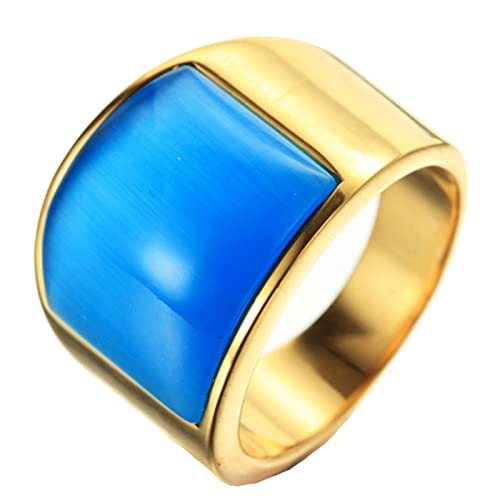 Beydodo Bague Acier Homme Gothique; Alliance Gravure Personnalise Taille 59 - Bijoux Homme de Bague en Or avec Pierre Oeil de Chat Bleu